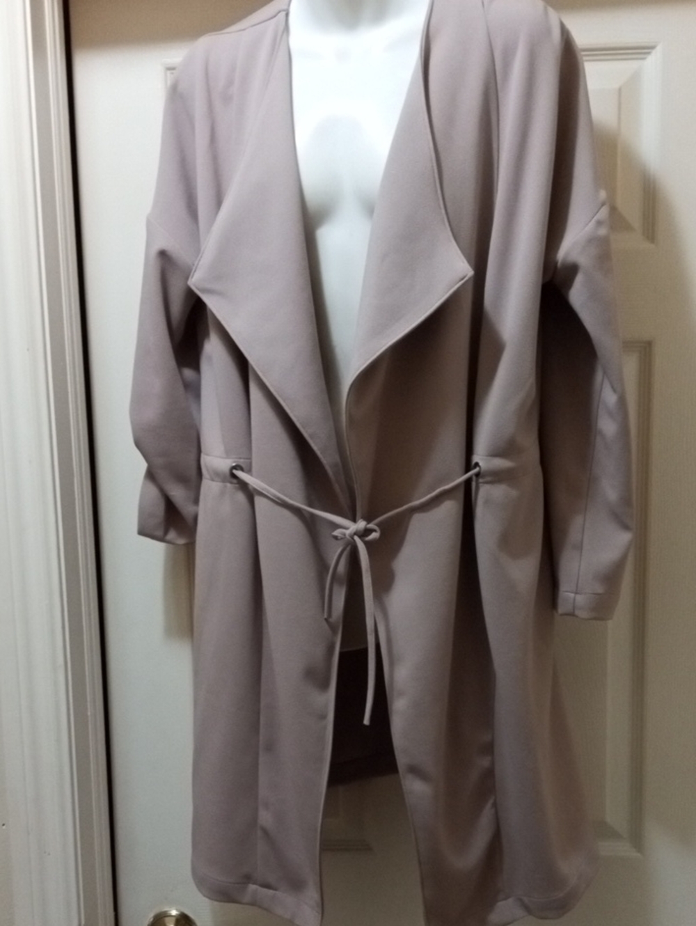 JustFab Blush Taupe Drape Front Tie-Waist Coat I'm Saying More Med Lg Fit
